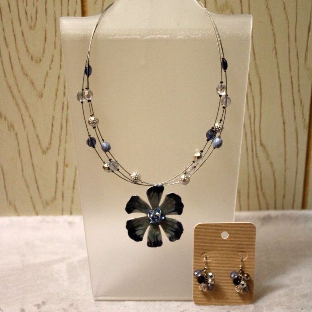 Kenneth Cole (KC) Women's Blue & Silver Flower Necklace with Earrings